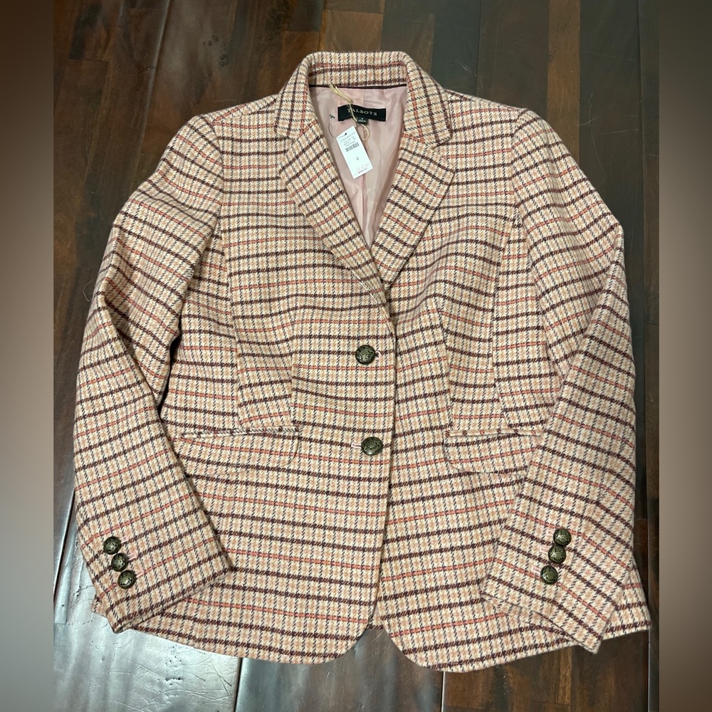 Talbots pink‎ plaid wool blazer size 4